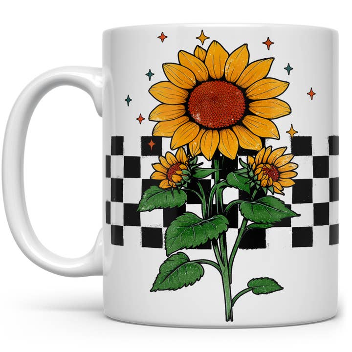Mug en céramique motif tournesol à carreaux, cadeaux rétro floraux des années 90 pour la vente par Loftipop