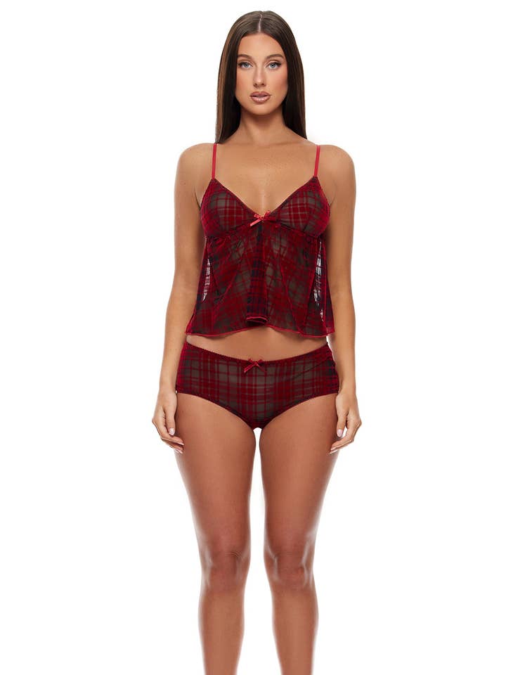 Ensemble de lingerie en résille à carreaux et lignes de velours avec cami et shorty pour la vente par Forplay Inc.