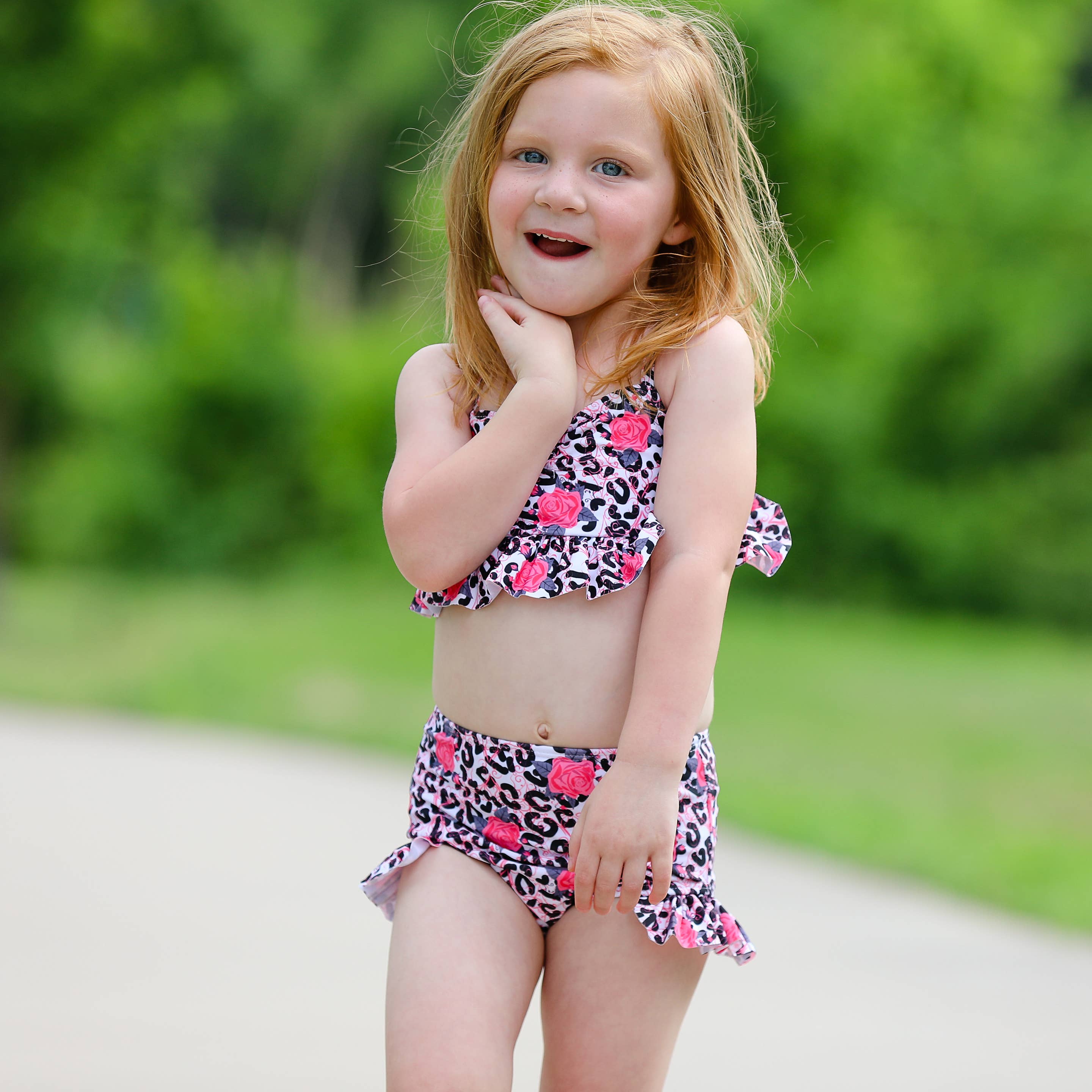 AnnLoren - Wholesale Two Piece Swimsuit - Kids - Girls 2 piece Leopard Rose Tankini Swimwear Bikini Beach3
