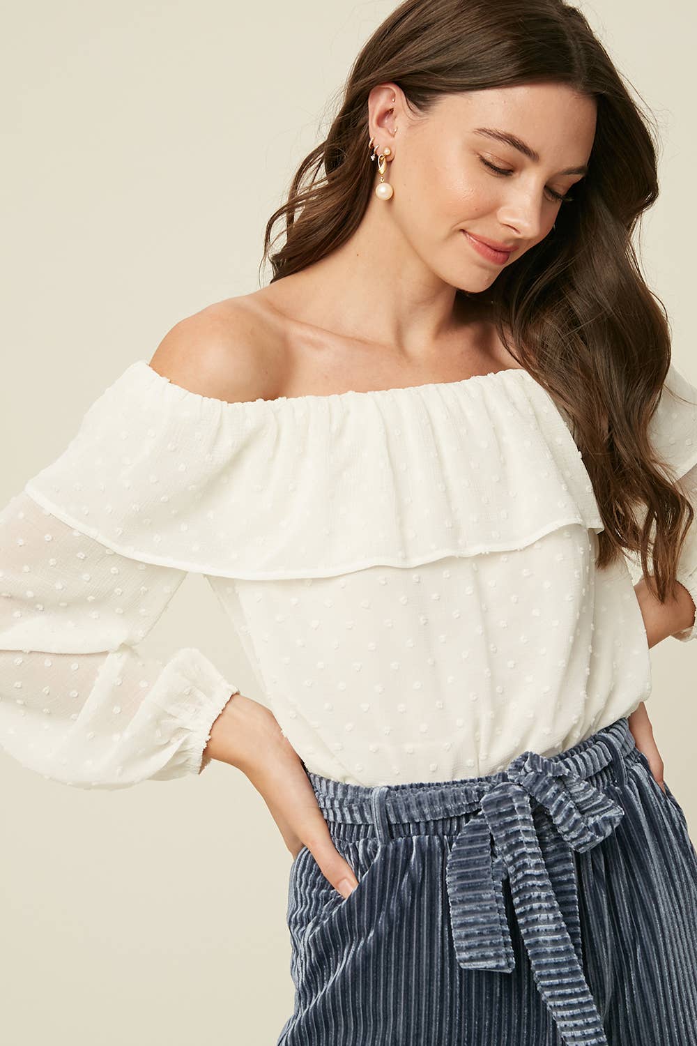 Cream Swiss Dot Off-Shoulder Ruffle Blouse LT0895 for wholesale on Faire3