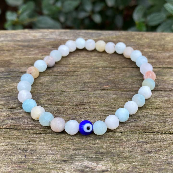 Elastisches Armband für Lithotherapie, Amazonit und Nazar Boncuk für den Großhandel von Boutique Bohème