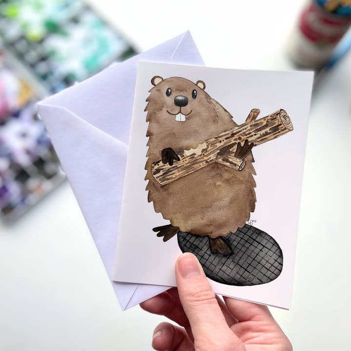 Owlfeathers Watercolor - Wholesale Everyday Greeting Card - Beaver Watercolor Greeting Card – Woodland Animal Stationery0