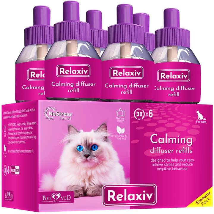 Relaxiv Calming Cat Diffuser Refill & Anti Anxiety Pet Products - Feline Calm Pheromones & Cats Comfort - Stress Relief Help with Pee, New Zone, Aggression, Fighting with Dogs & Behavior Control for wholesale by Beloved Pets