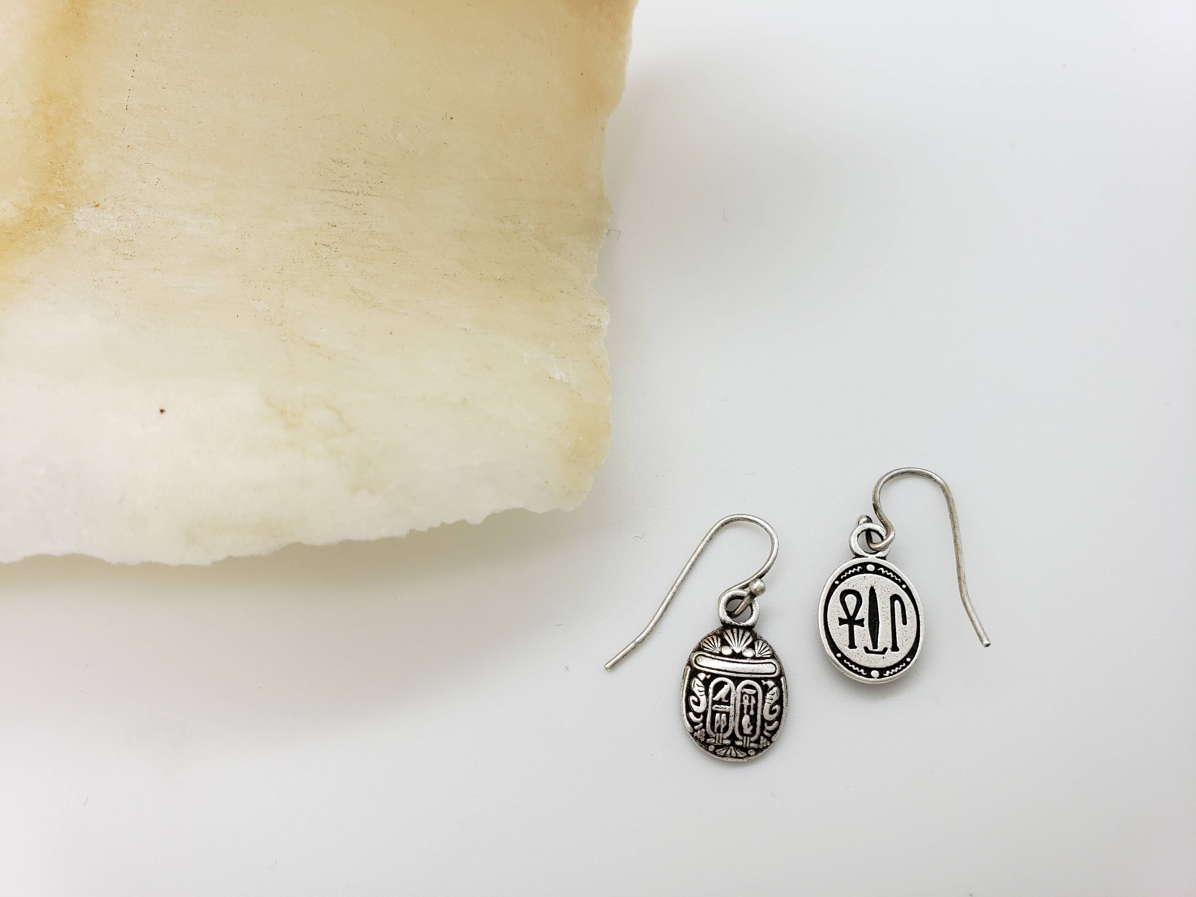 Discoveries, Inc. - Wholesale Dangle Earrings - Egyptian Scarab Earrings - Mini, antiqued silver2