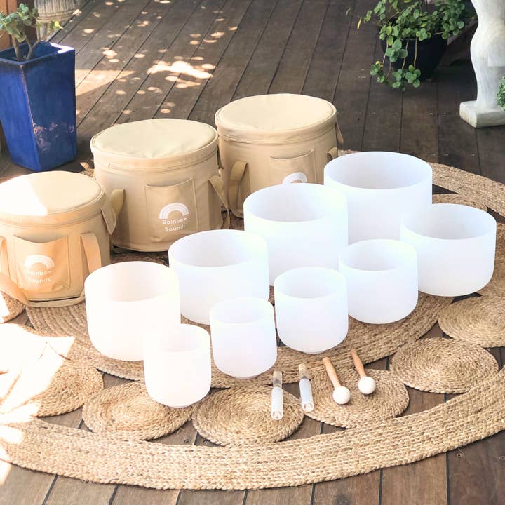 Full Chakra︱Set of 9 White Crystal Singing Bowls in Beige Bags for wholesale by Rainbow Sounds