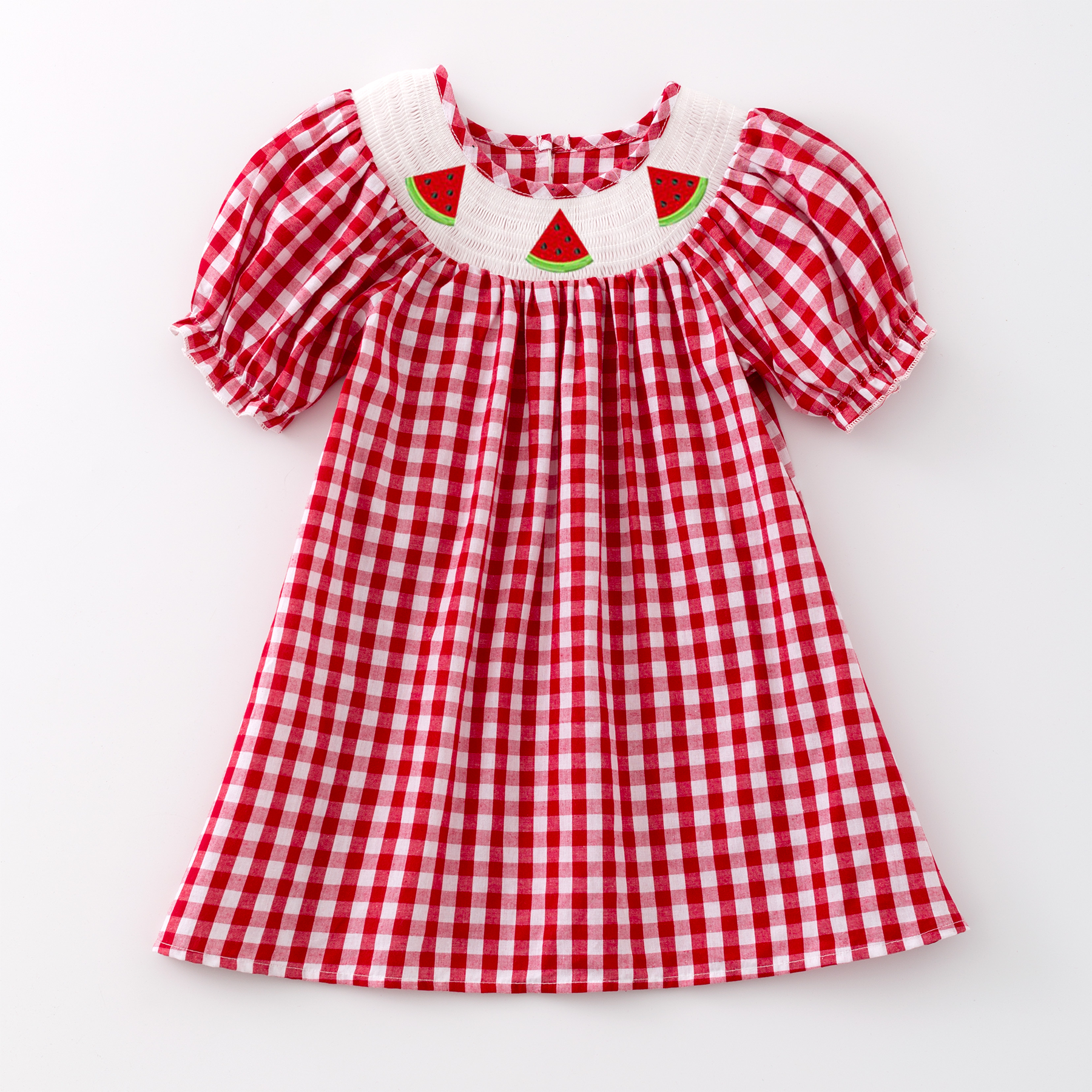 Auraquise - Wholesale Dress - Kids - Girls Summer Red Plaid Watermelon Smocked Dress0
