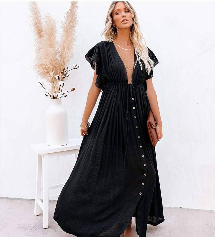 Fashion Combination - Wholesale Dress - Women's - Boho Button-Front Flowy Maxi Dress17