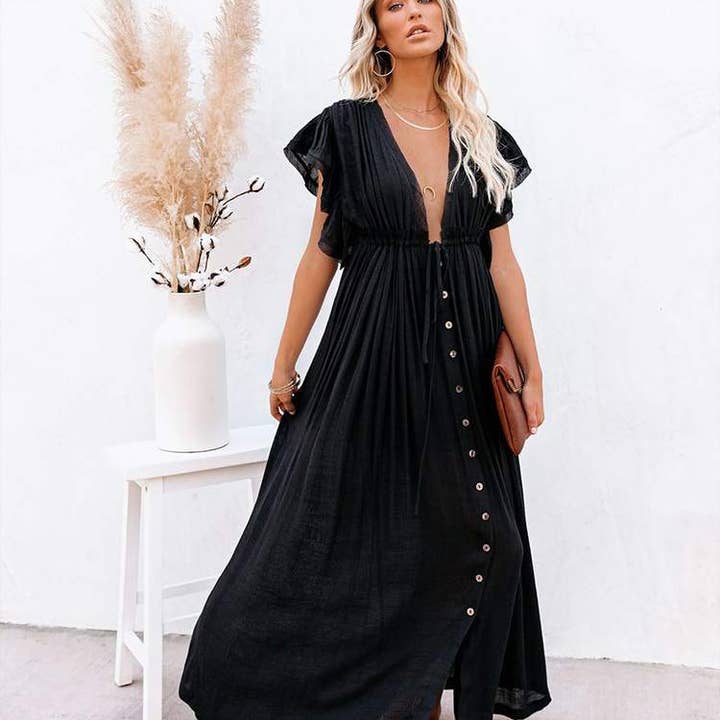 Fashion Combination - Wholesale Dress - Women's - Boho Button-Front Flowy Maxi Dress17