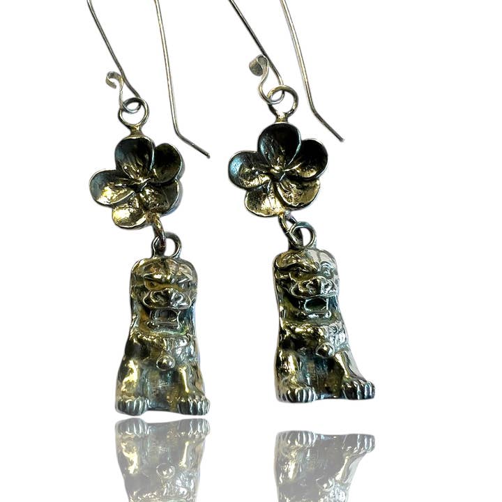 Hi Octane | SilverBotanica - Wholesale Dangle Earrings - Foo Dog & Blossom Chinoiserie Earrings 3