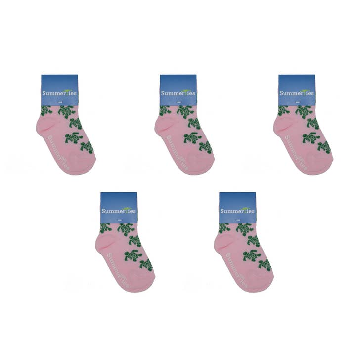 Turtle Socks - Toddler Crew Sock - Green on Pink - 5 Pairs for wholesale by SummerTies