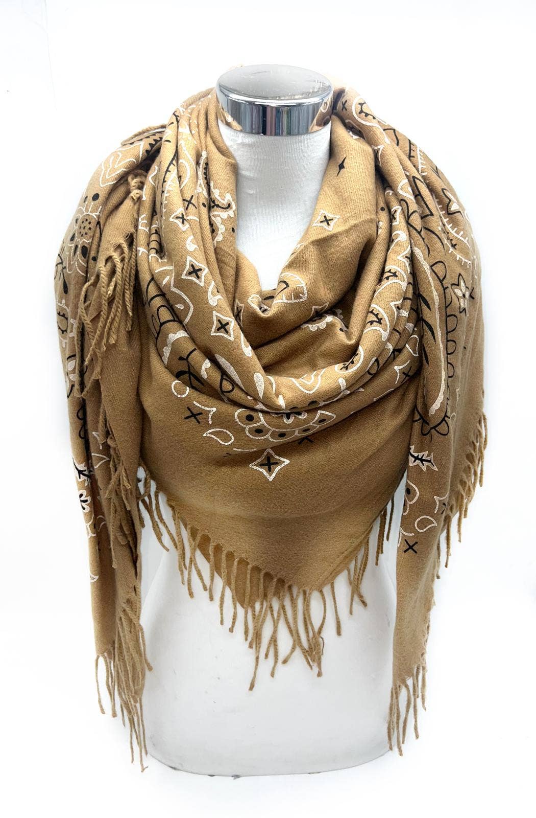 LINETA – Cachecol - Mulher por atacado – K8 Lenço grande quadrado com padrão bandana e franja longa9