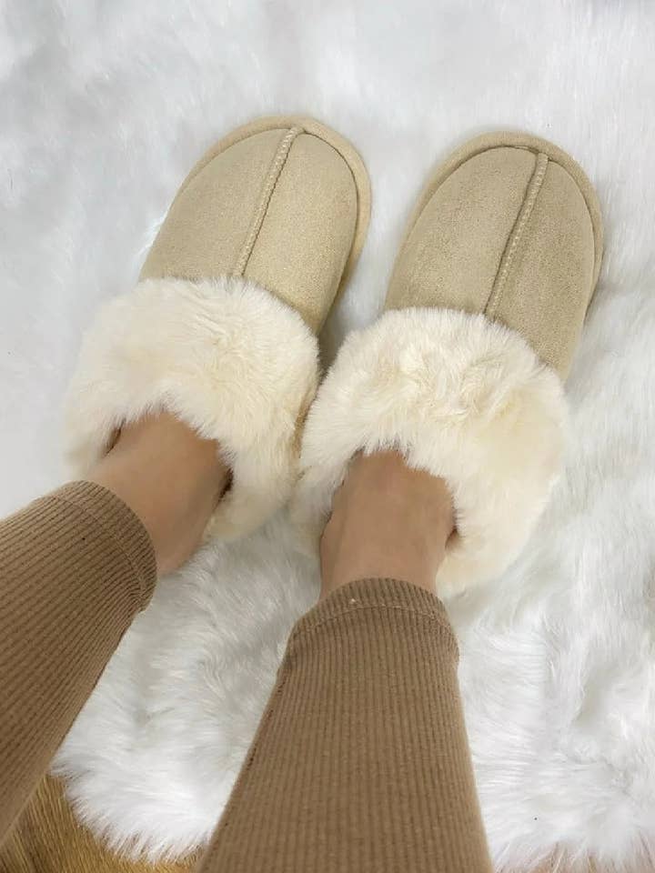 BEIGE SUEDE FAUX FUR LINED FLAT COZY SLIPPERS for wholesale on Faire