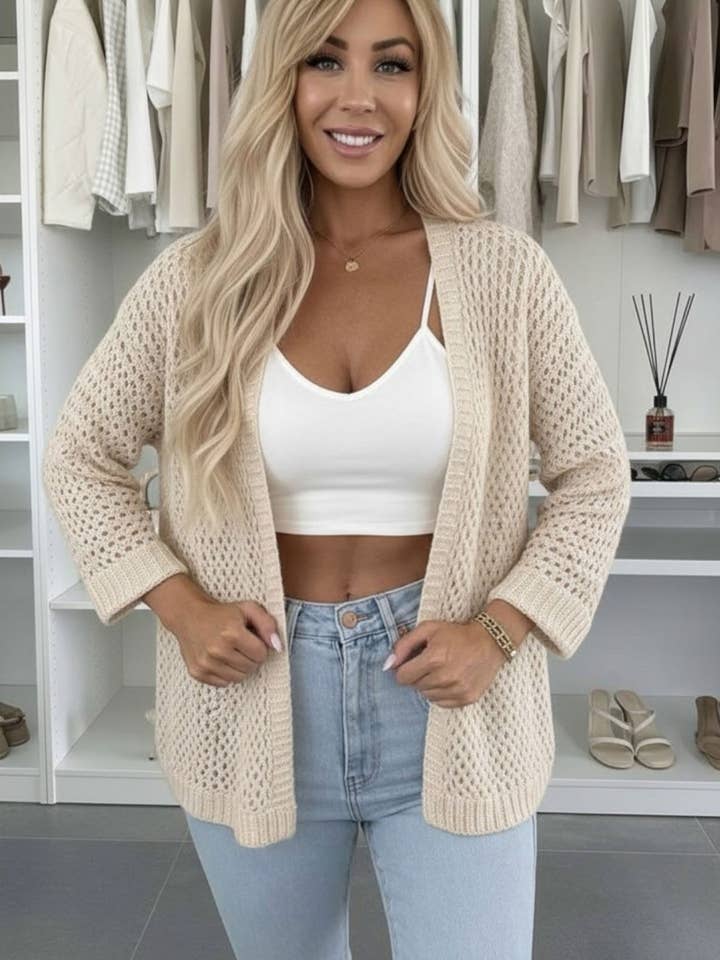 Zora Loose Open Knit Lightweight Cardigan-Stone for wholesale by Catwalk Wholesale