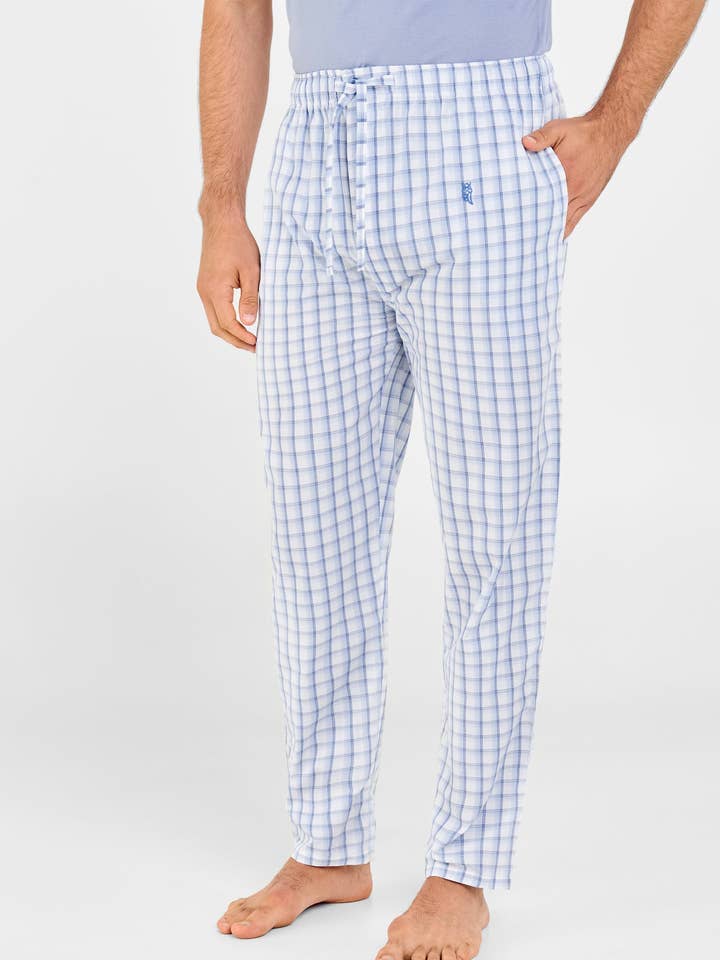 Plaid Popeline Herrenlange Pyjamahose – Blau 8981 für den Großhandel von El Búho Nocturno