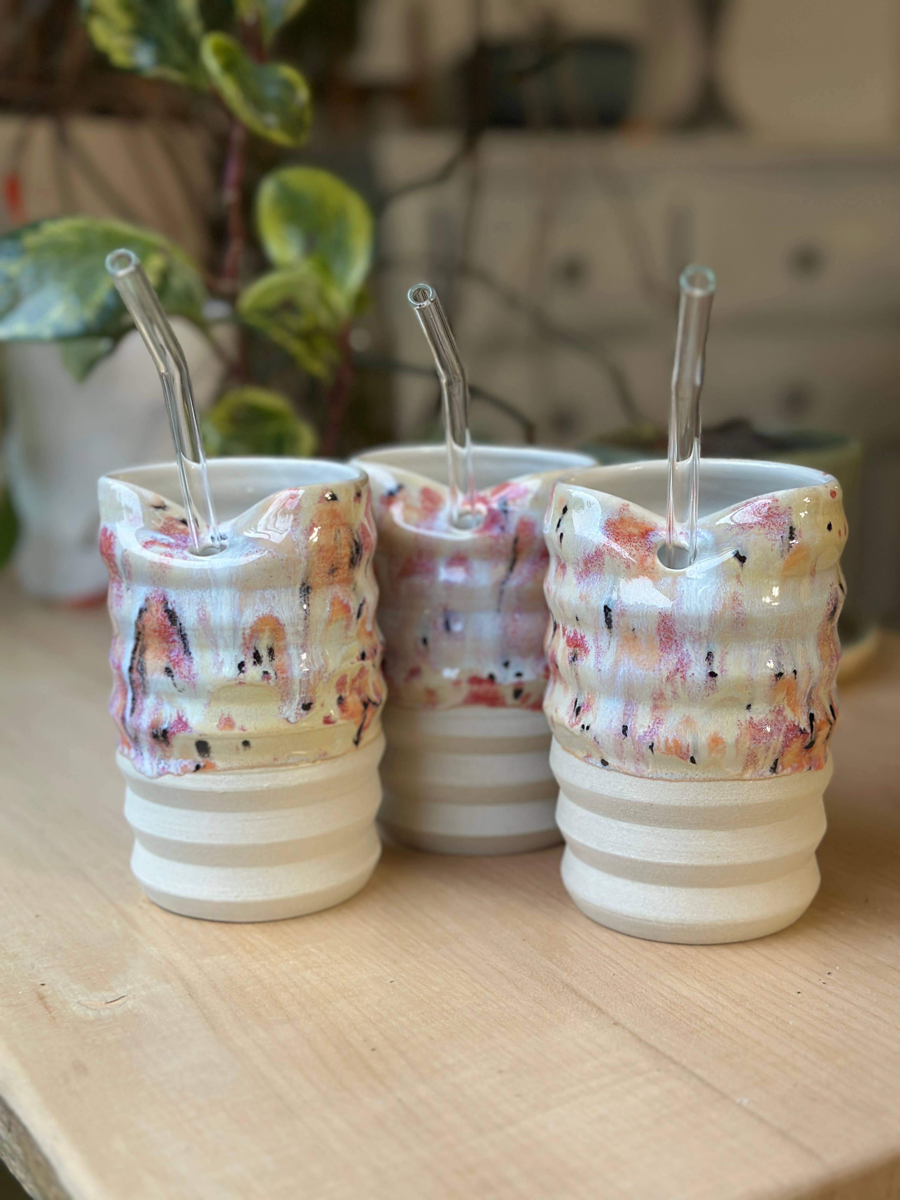 Van Isle Clayworks - Wholesale Coffee/Tea Cup - Straw Cup  - Confetti Glaze - Stoneware Pottery Ceramic1