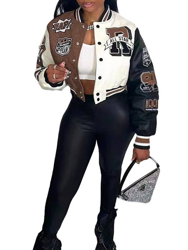 MB Fashion Wholesale - Wholesale Varsity/Baseball Jacket - Women's - MB FASHION CROPPED PRINTED BASEBALL JACKET 8123LY