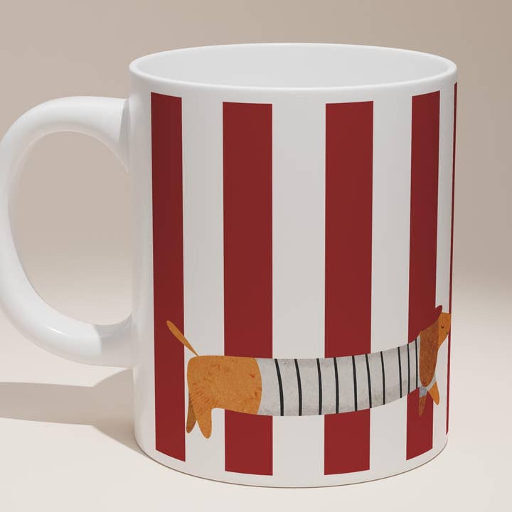 La Saucisse Parisienne Teckel Mok - Burgundy Strepen Franse Stijl voor wholesale door Teckels Tales Travels