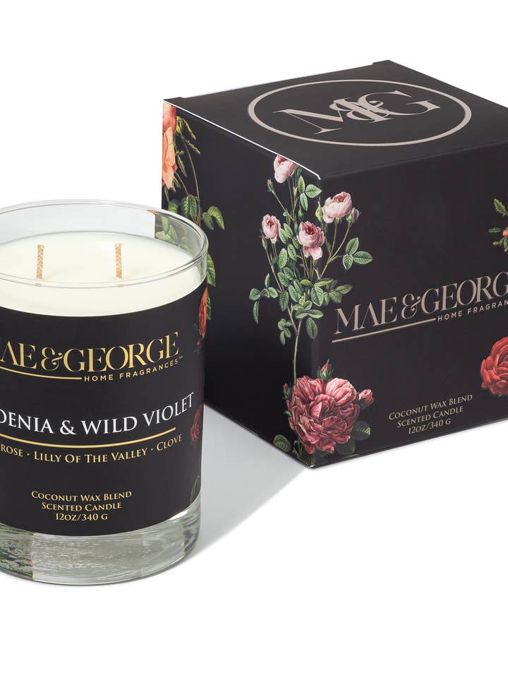 Gardenia & Wild Violet | Long Lasting Double Wick Candles for wholesale by Mae & George Home Fragrances | Luxury Candles