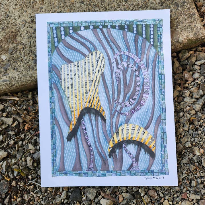 Green/Yellow Mushroom Watercolor Art Print 8.5x11in for wholesale by WaterDamnages