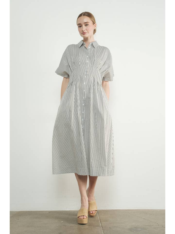 MAD3228 STRIPE BUTTON FRONT PLEATED MIDI SHIRTS DRESS for wholesale on Faire