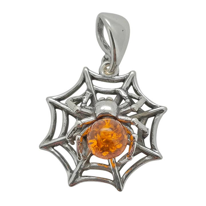 Amberman - Wholesale Individual Charm/Pendant - Halloween Collection Cognac Amber Silver Spiderweb Pendant