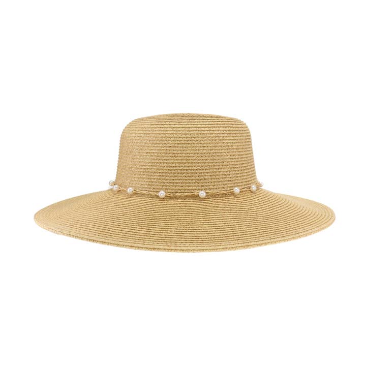 C.C Beanie - Wholesale Straw Hat - Women's - Pearl Banded Wide Brim C.C Sunhat STH0036