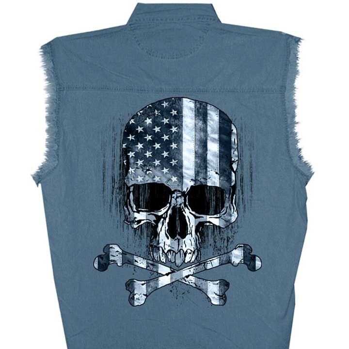 Hot Leathers GMD5372 Mens 'Flag and Skull' Sleeveless Blue Denim Shirt for wholesale by Hot Leathers