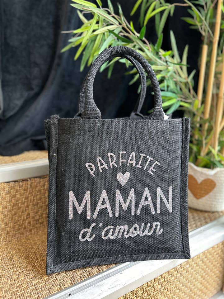 Black jute tote bag “Perfect Mom of Love” - Mother's Day for wholesale by Toiles Chics