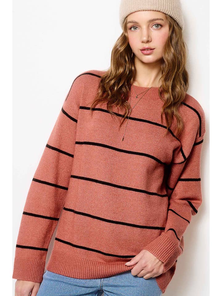 La Miel - Wholesale Knit Sweater - Women's - HCS3553-Loose Fit Stripe Long Sleeve Crewneck Sweater