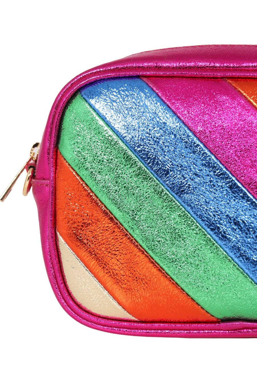 Sarta Pelle – wholesale Crossbody bag – Women's – Fuchsia Rainbow Metallic Striped Italian Leather Camera Bag2