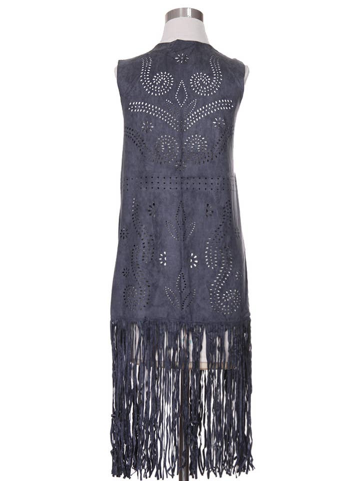 Hana - Venta al por mayor Chaleco de abrigo - Mujer - Chaleco de gamuza cortado con láser con estampado de hojas geométricas18