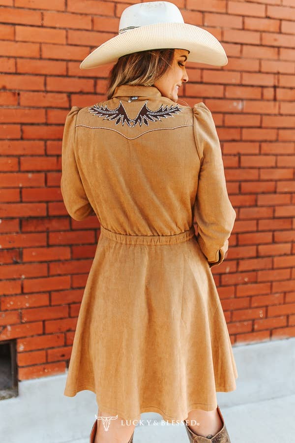 LUCKY & BLESSED - Wholesale Dress - Women's - Light Brown Suede Bootstitch Contrast Button Down Dress1
