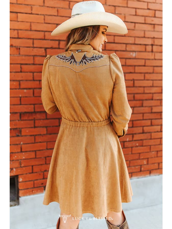 LUCKY & BLESSED - Wholesale Dress - Women's - Light Brown Suede Bootstitch Contrast Button Down Dress1