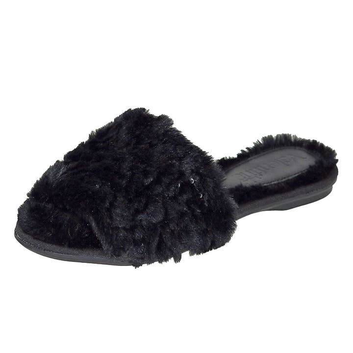 Belle-Fluffy Slide Pailletten Hausschuhe - Schwarz (230193) für den Großhandel von Bruno Menegatti