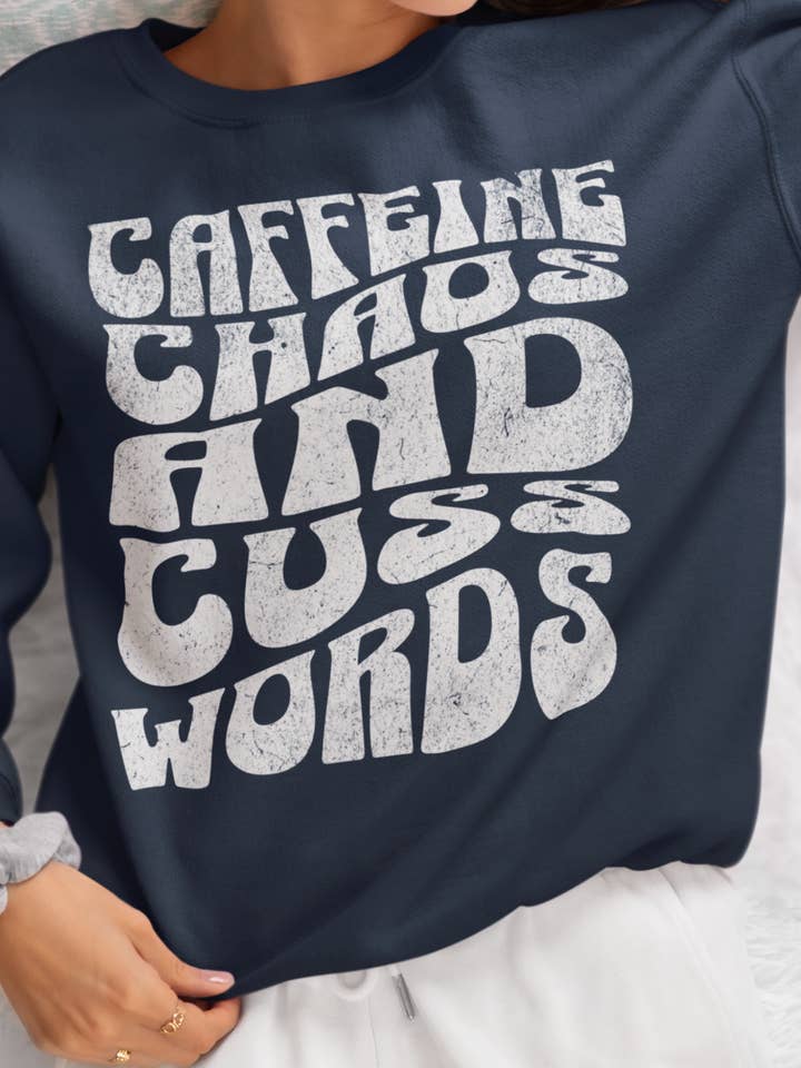 After Five Designs - Wholesale Graphic Sweatshirt - Women's - Cozy Sweater - Caffeine, Coffee, and Cuss Words Funny Pullov