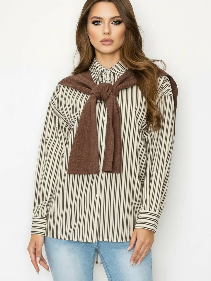 Jaci Cotton Pinstripe Shirt with Knitted Shoulder Sweater for wholesale by Joh Apparel