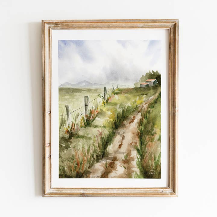 Paysage imprimé à l'aquarelle Country Barn pour la vente par Sarah Jane Studio Art