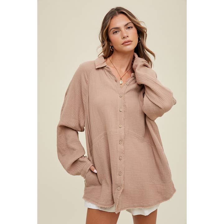 MOCHA COTTON GAUZE BUTTON-UP TOP WITH RAW EDGE DETAIL / WL23-8207 for wholesale on Faire