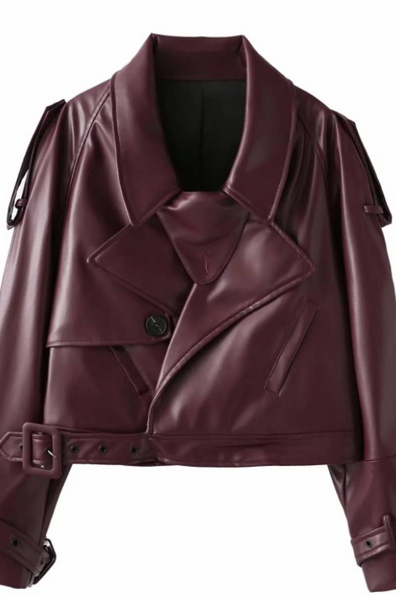 NINEXIS - Wholesale Coat - Women's - CWOCO1059_SOLID COLOR VINTAGE LAPEL LEATHER JACKET4