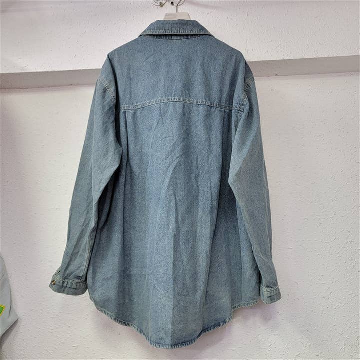 Vibrant Blue M263 Sequin-Embellished Denim Shirt with Curved Hem for wholesale on Faire1