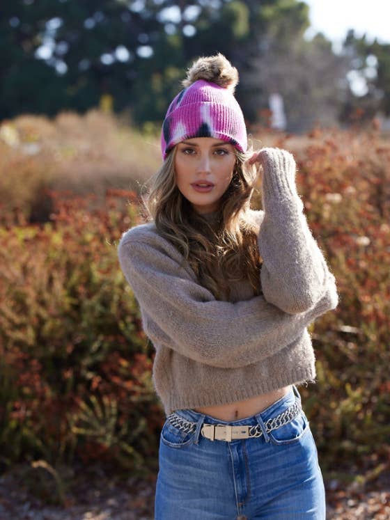 Tie Dye Pom Hat: Pink and Black for wholesale by Virginia Wolf