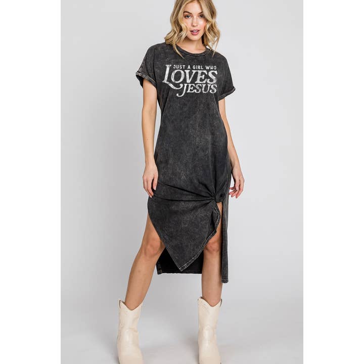 JUST A GIRL WHO LOVES JESUS MINERAL GRAPHIC DRESS for wholesale by HRTandLUV