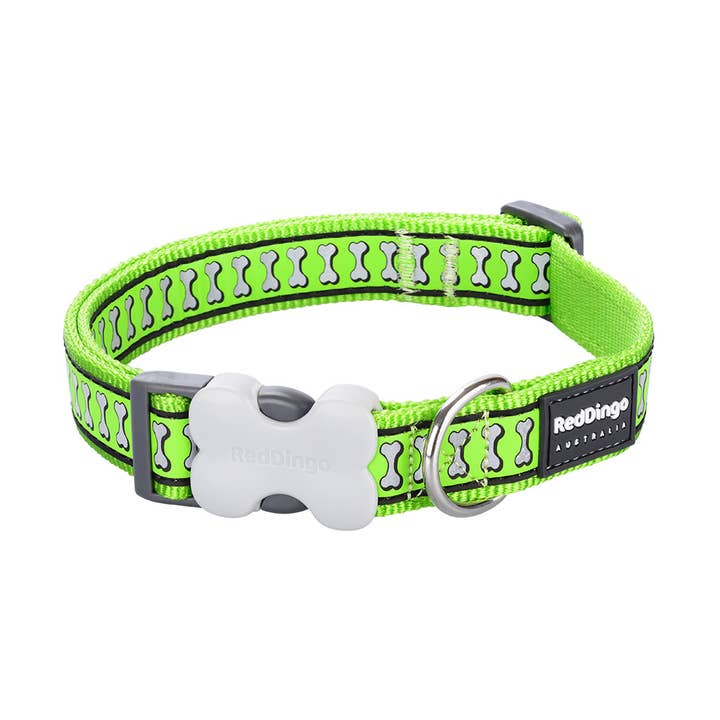 Bucklebone Dog Collar Reflective Bones Lime Green for wholesale by Red Dingo Australia