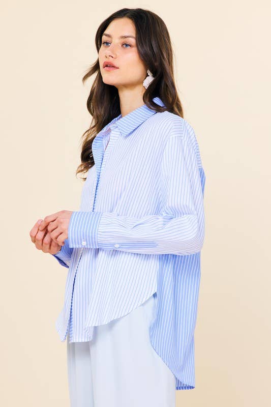 White Blue Striped Relaxed Button-Down Shirt for wholesale on Faire2