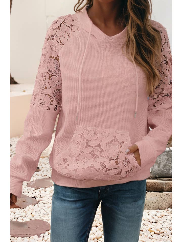 Little Daisy Closet - Wholesale Hoodie - Women's - LDC Patchwork Raglan Sleeve Kangaroo Pocket Waffle Hoodie5