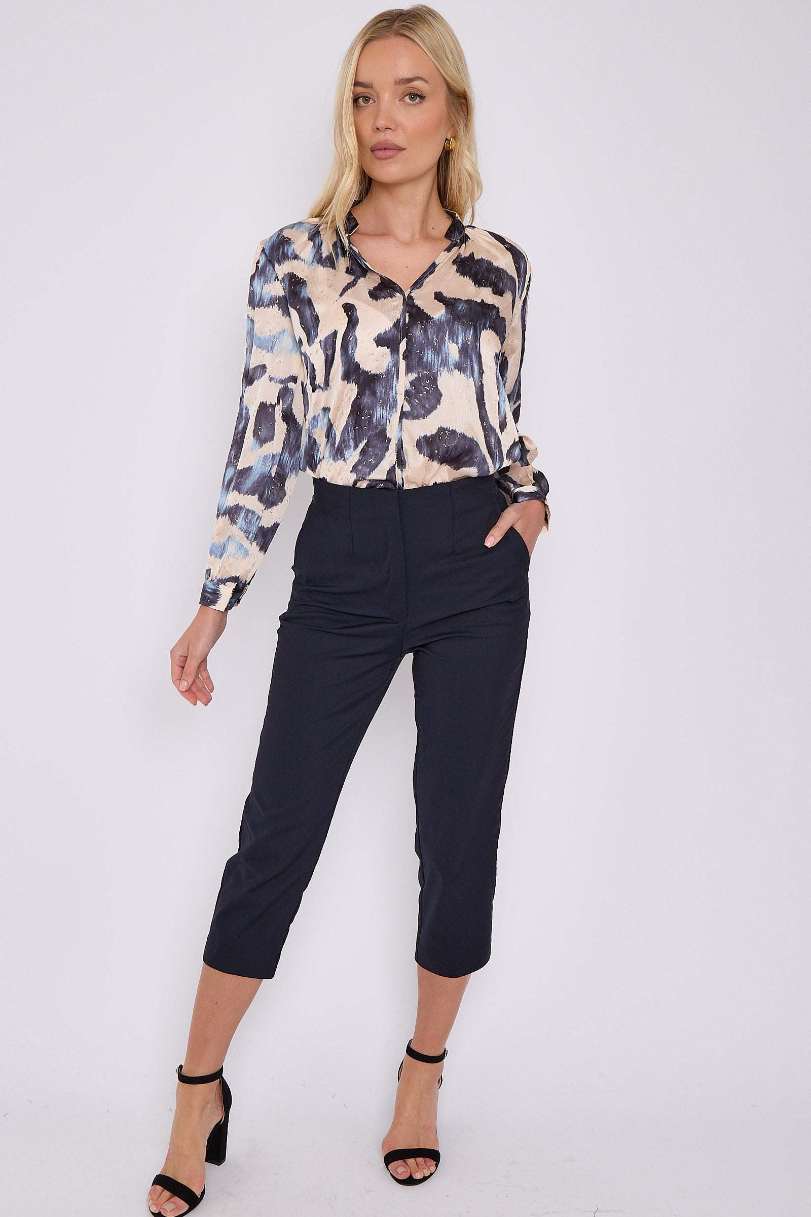 Navy Abstract Print Gold Dotted Blouse for wholesale on Faire3