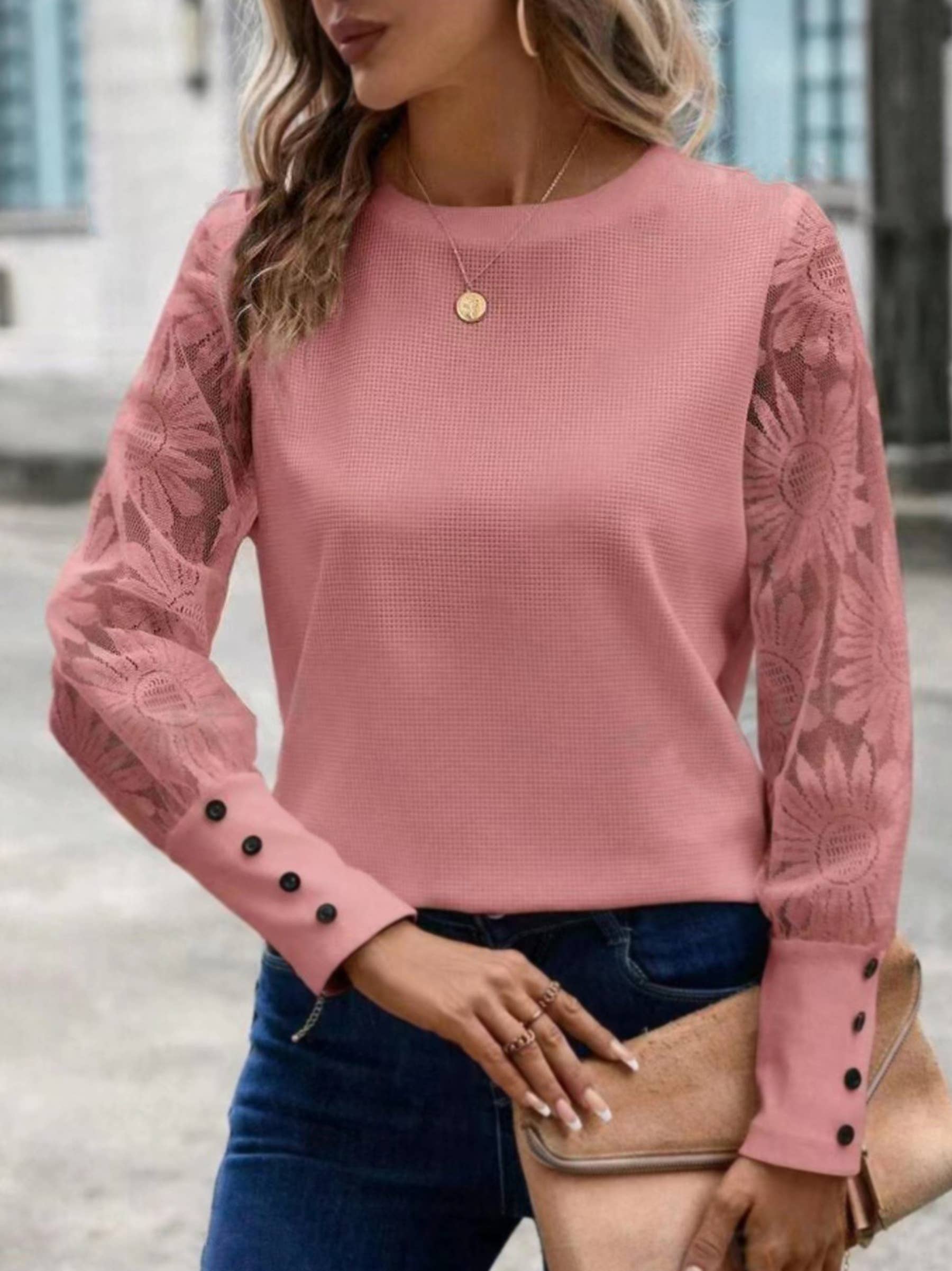 Wholesalesir - Wholesale Blouse - Women's - Waffle Button Patchwork Lace Top4