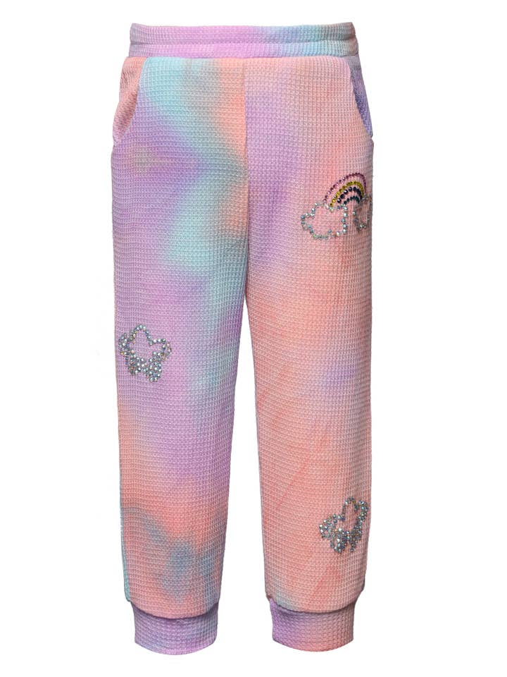 Blue Multi Tie Dye Joggers W/Rainbow & Clouds Rhinestone Detail for wholesale on Faire