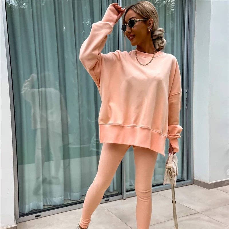 FurDecoration - Wholesale Lounge Set - Women's - Solid Color Round Neck Slit Sweatshirt And Skinny Pants Set4