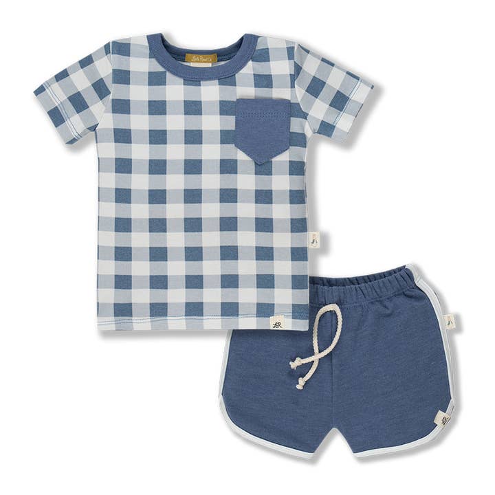 Azure Gingham Short Sleeve Pocket Shirt and Midi Short Set for wholesale by Little Road Co.